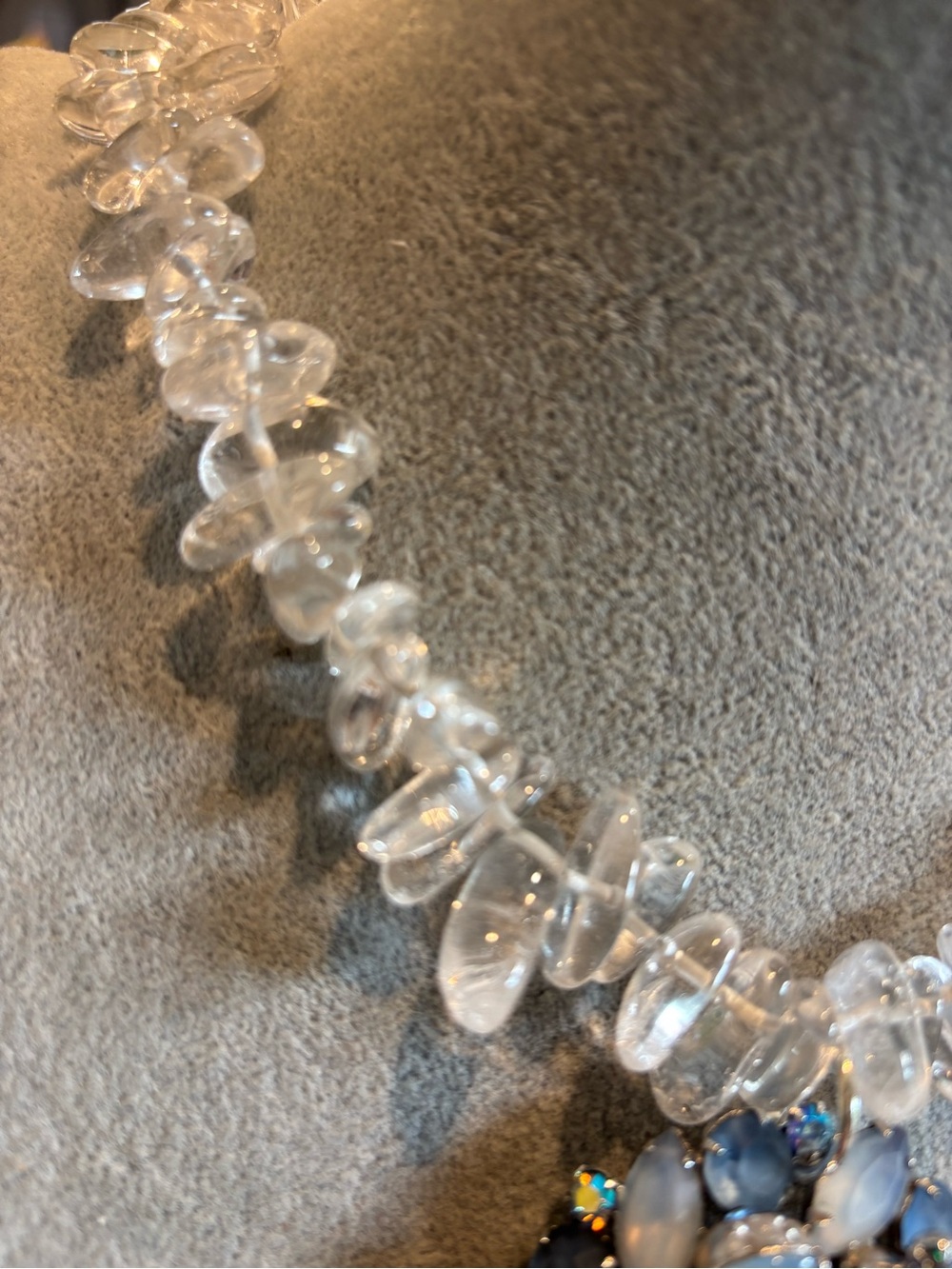 Clear Crystal Chip Necklace with Blue vintage repurposed crystal Pendant - Picture 4 of 4
